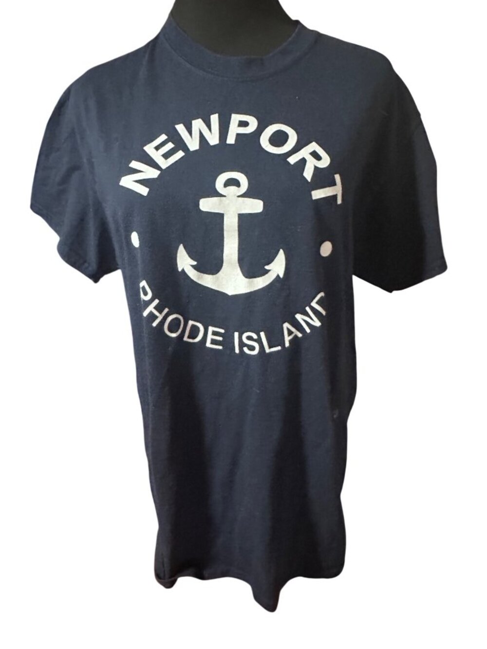 Newport Rhode Island blue and white anchor t-shirt on a Gildan tag size M